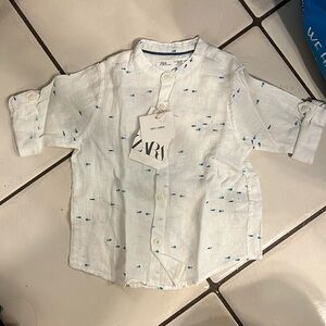Zara Baby Fish Pattern 100% Linen Button Down Shirt